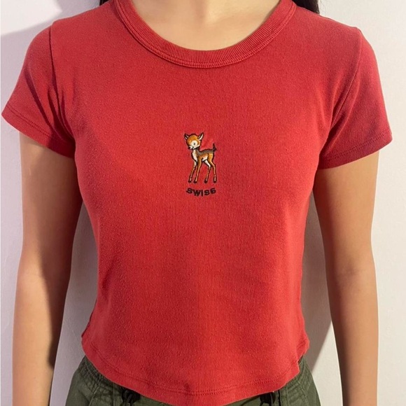 Brandy Melville Tops - Brandy Melville Red Short Sleeve Tee with Deer Embroidery